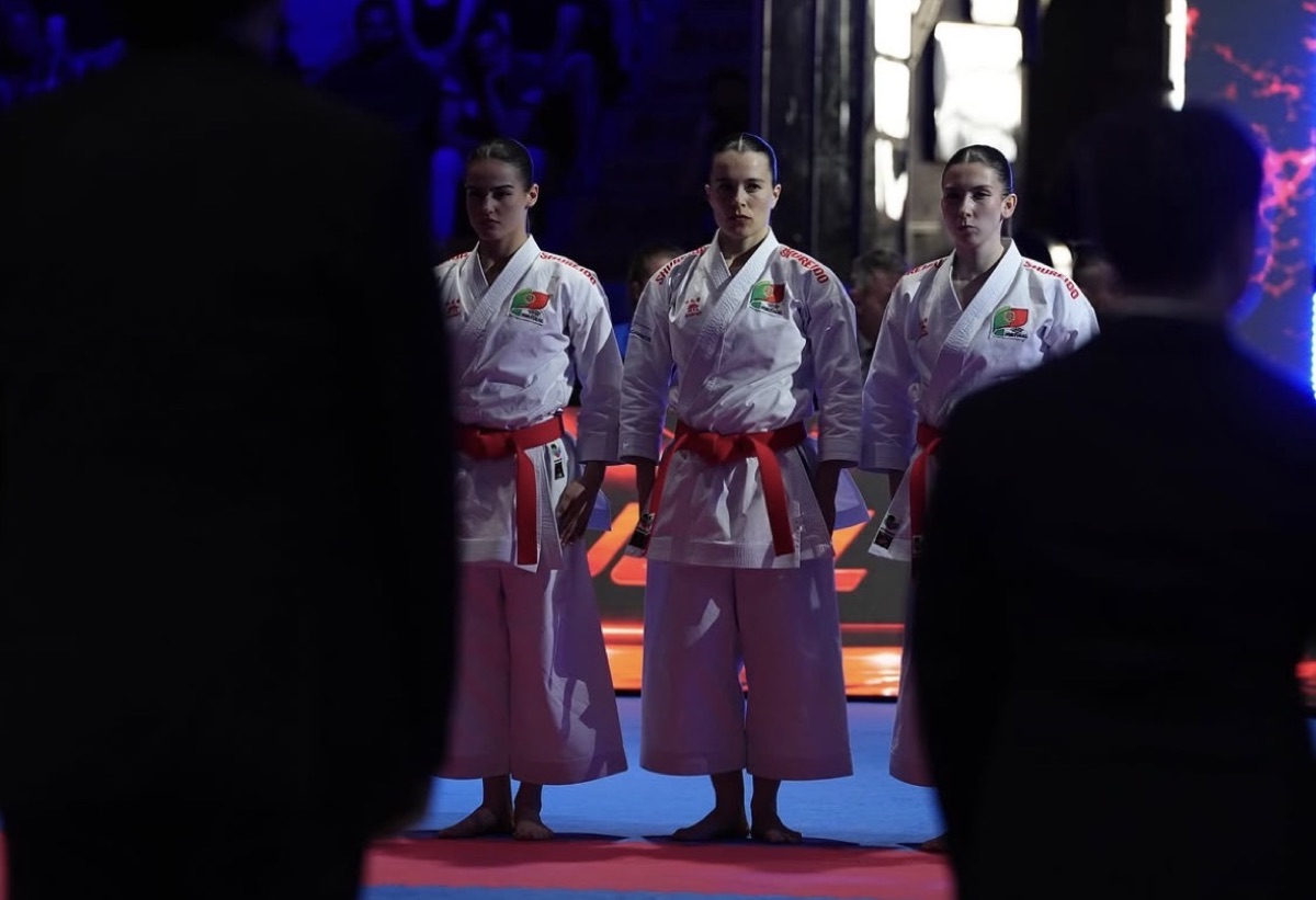 Portugal's Female Team Kata squad in the arena entrance before competition at EKF Frankfurt 2026