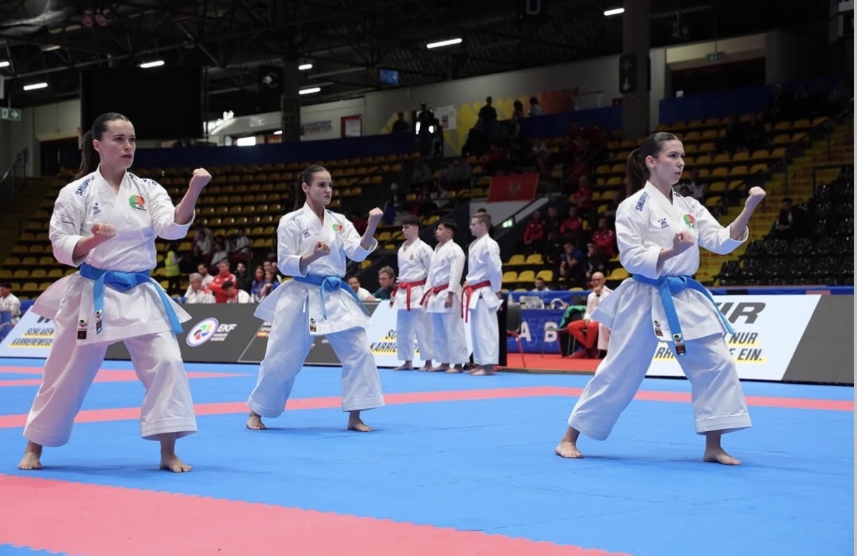 Portugal's Female Team Kata squad performing on the tatami at EKF Frankfurt 2026