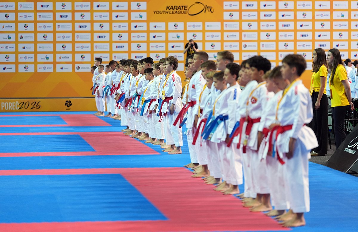 The U14 medallists lined up on the tatami at the Karate1 Youth League in Poreč