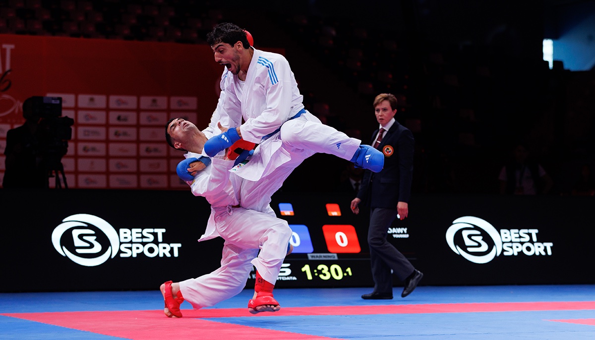 Mens kumite action at the Karate1 Premier League in Rabat 2026